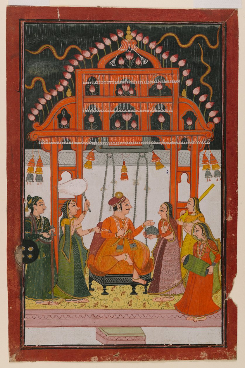 Hindola Raga, side fra en spredt Ragamala-serie, ca. 1830 (wc & metallisk maling på papir) av Indian School