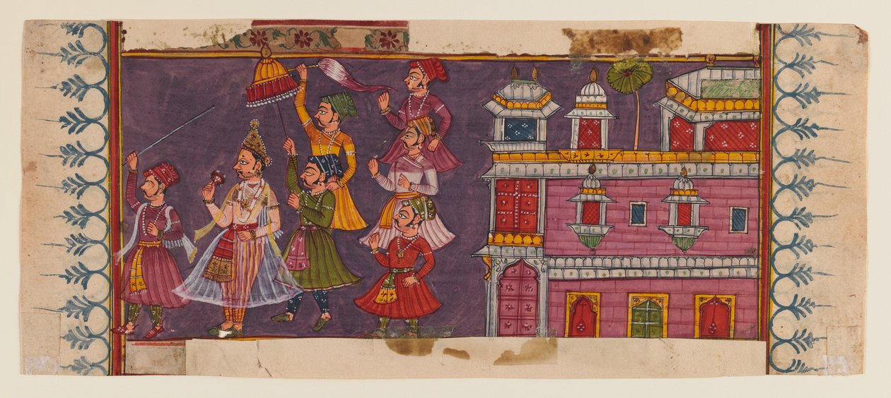 Hellige og hoffmenn samles foran en prins (ugjennomsiktig wc og gull på papir) (se 406510 for verso) av Indian School