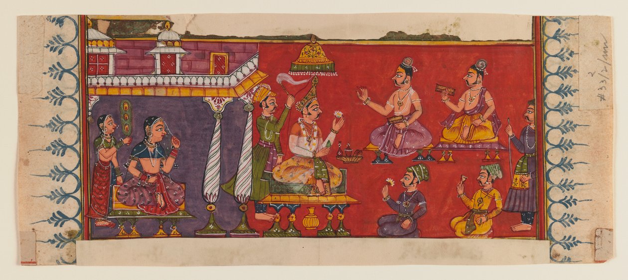 Hellige og hoffmenn samles foran en prins (ugjennomsiktig wc og gull på papir) (se 406509 for recto) av Indian School