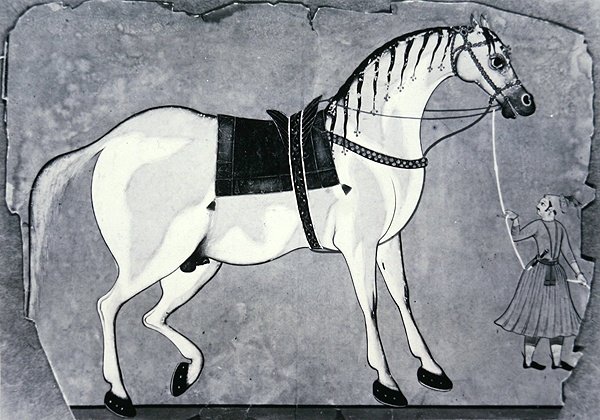 Hest og brudgom i keiserens stall, ca. 1660 (litho) av Indian School