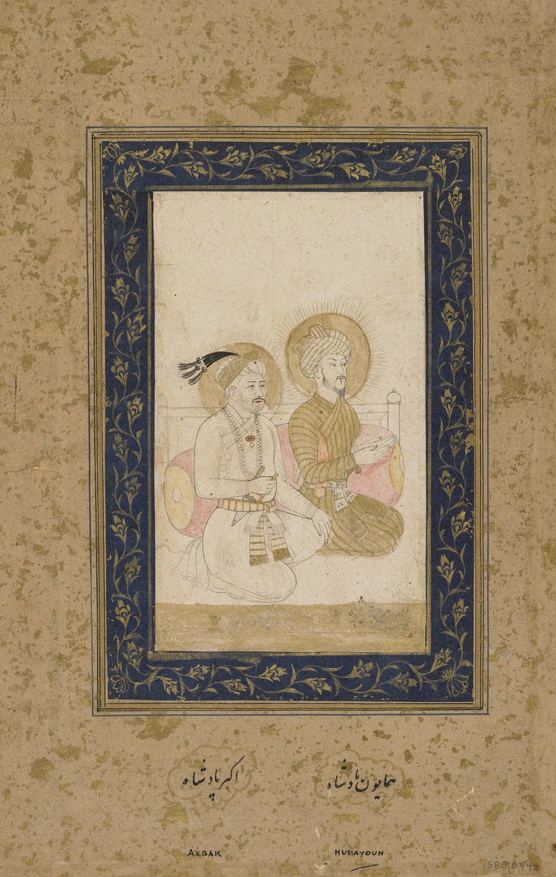 Humayun og Akbar, frittstående albumfolio, ca. 1900 av Indian School