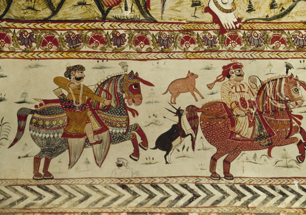 Jaktscene, Laxminarayan-tempelet, Orchha, Madhya Pradesh, India (fresco) av Indian School