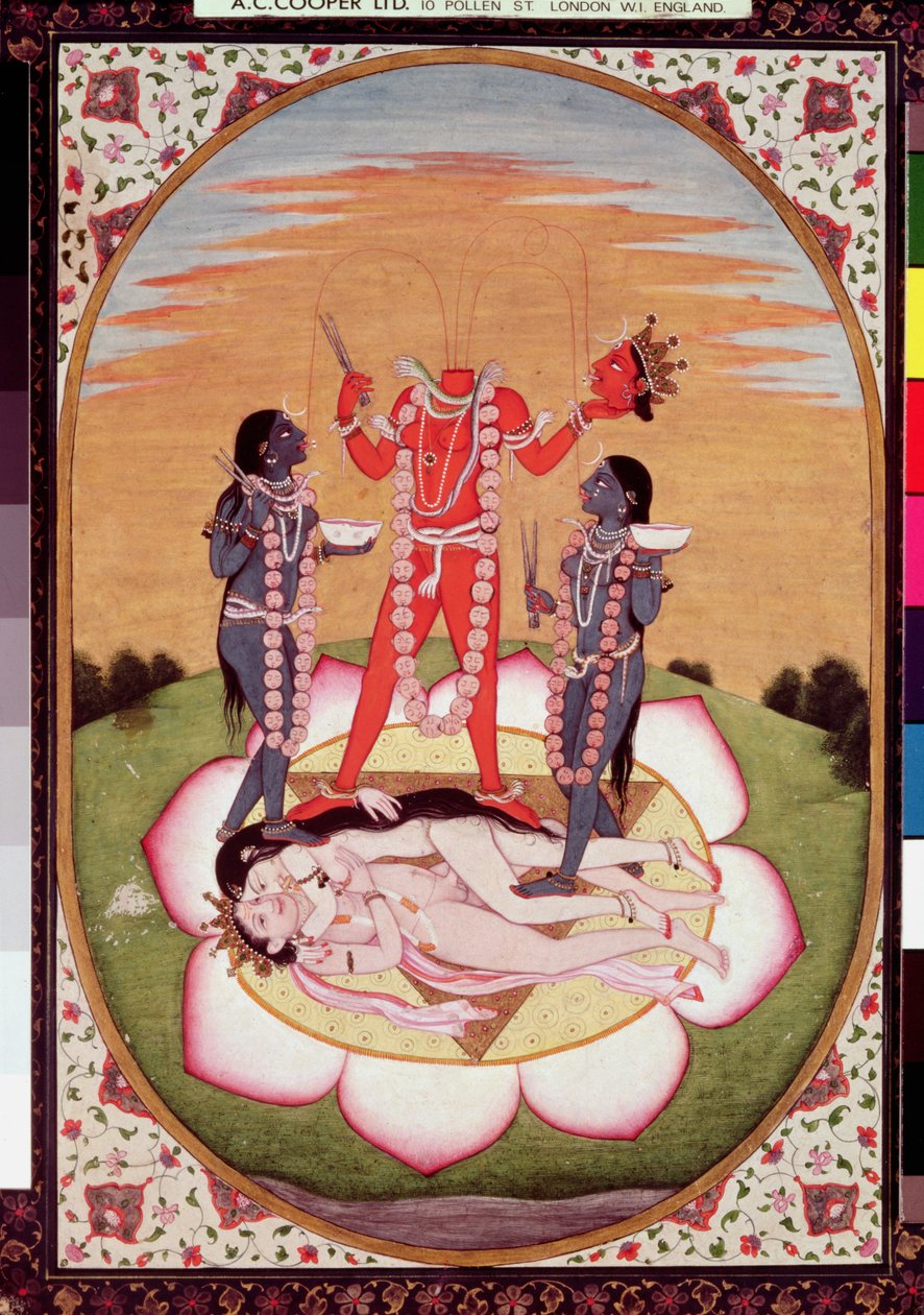 Ikon for Chinnamasta, Mahavidya som stammer fra de sammenføyde kroppene til det opprinnelige paret, Kangra, ca. 1800 (gouache på papir) av Indian School