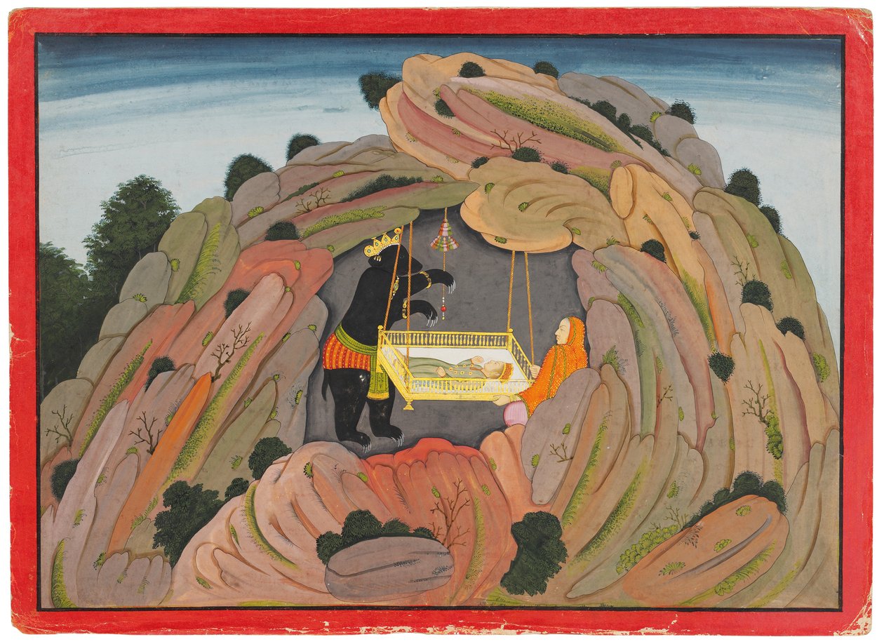 Illustrasjon til Bhagavata Purana: Jambavan gir Symantaka-juvelen til datteren sin å spille, ca. 1760-65 av Indian School