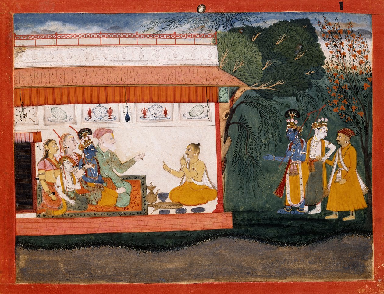 Illustrasjon til Bhagvata Purana som viser Balarama som tar Akrura i hånden med sin yngre bror Krishna, ca. 1700 av Indian School
