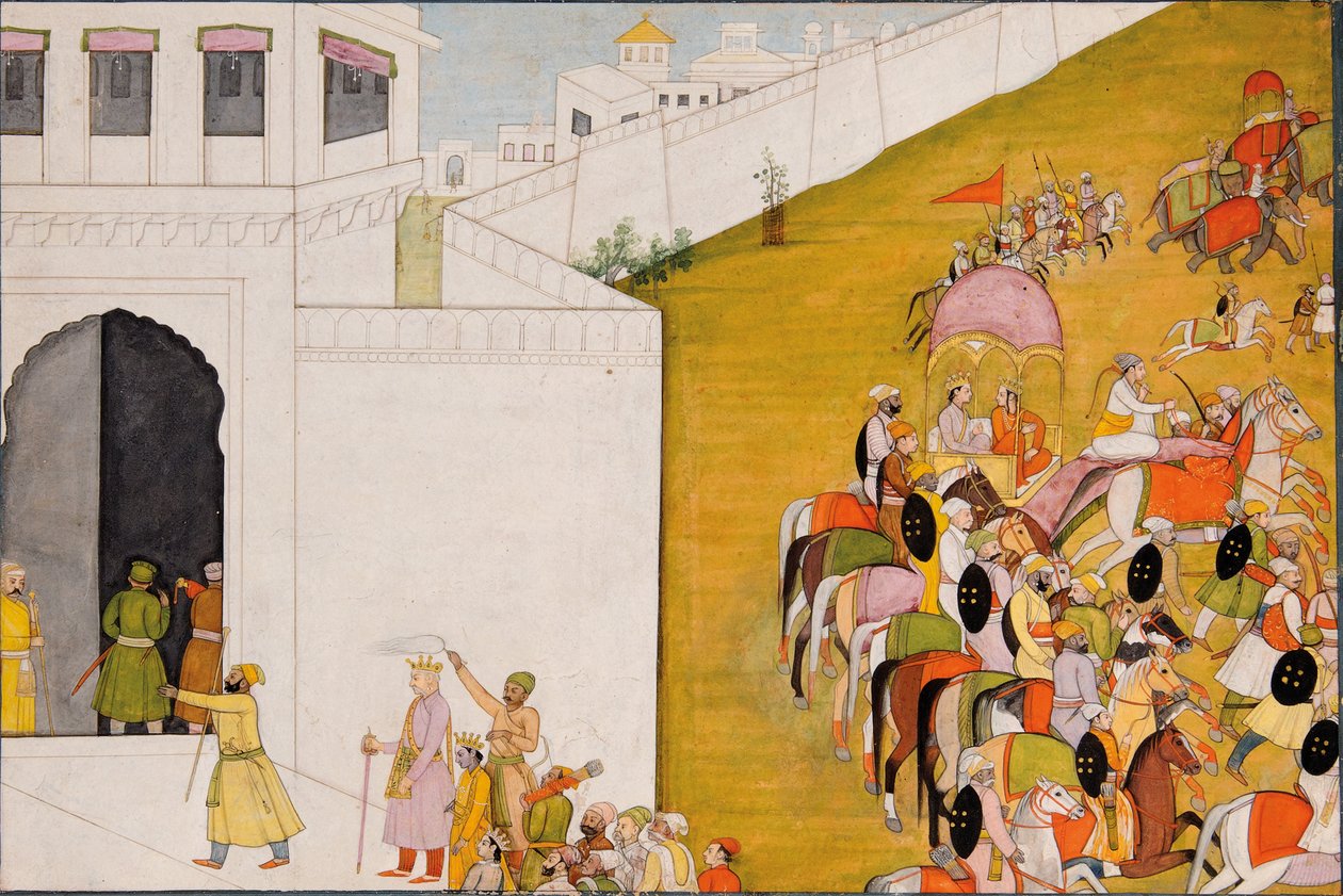 Illustrasjon til Ramayana: Rama går inn i Mithila for å utføre en bueskytingskonkurranse, ca. 1775-80 av Indian School