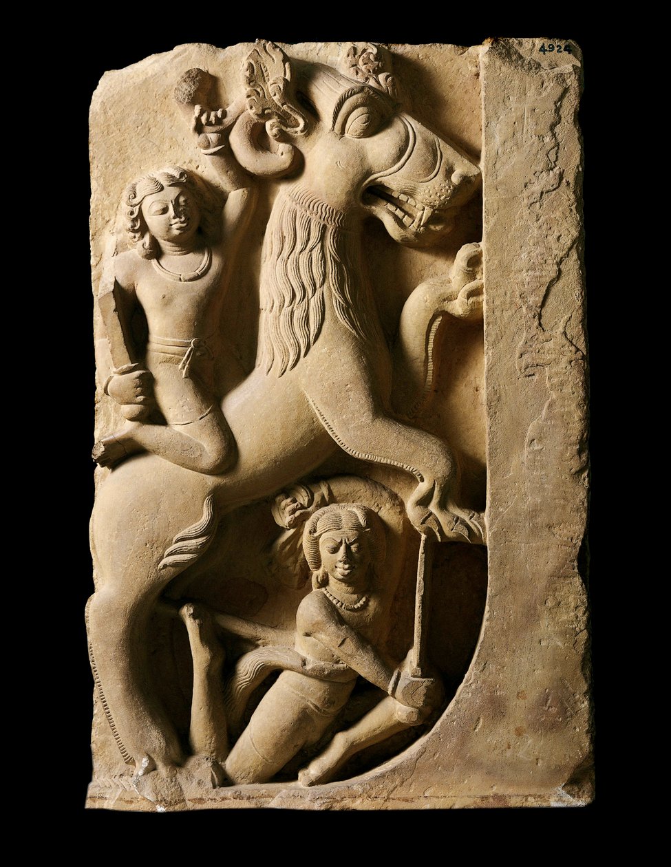 Indisk kunst: Griffon med to krigere. Gupta-dynastiet (320-600 e.Kr.) Fra Saranath. av Indian School
