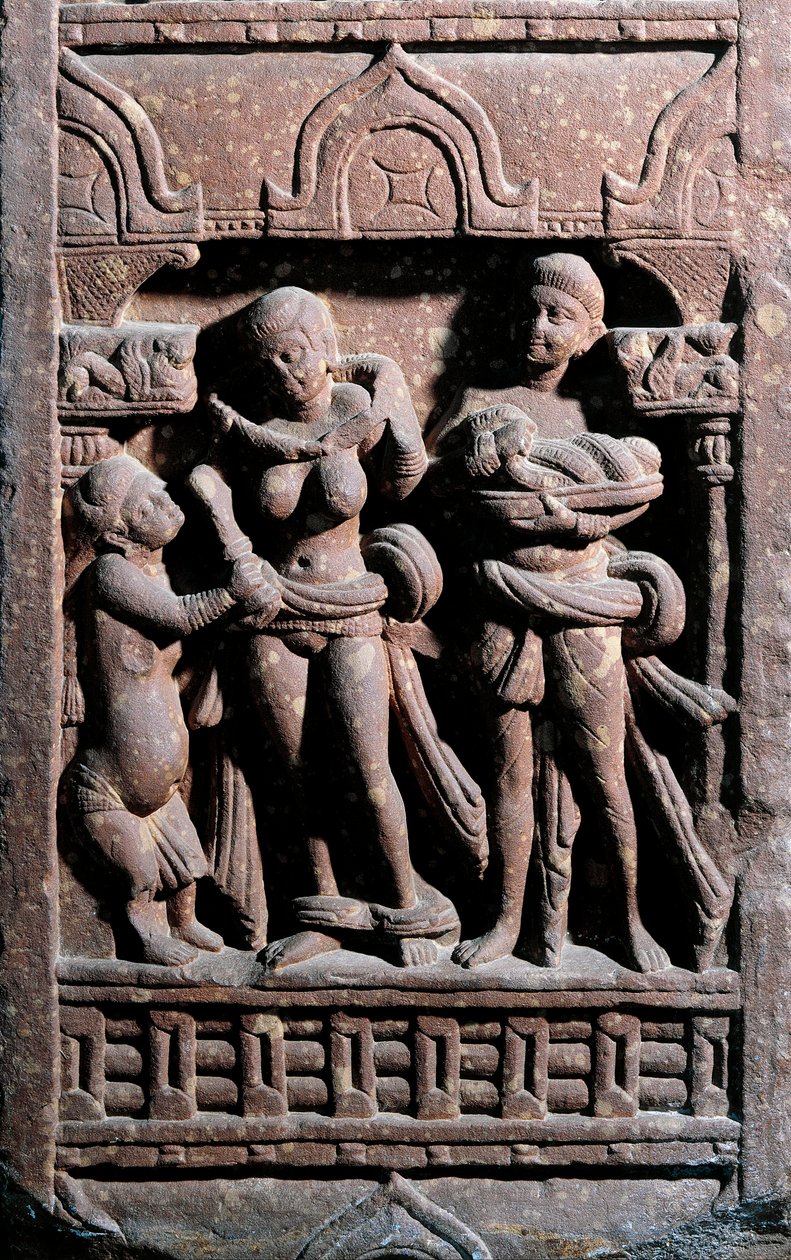 Indisk kunst: Sundarananda (Nanda) hjelper Sundari med toalettet sitt. Periode Kouchane (Kushan eller Kushan) av Indian School