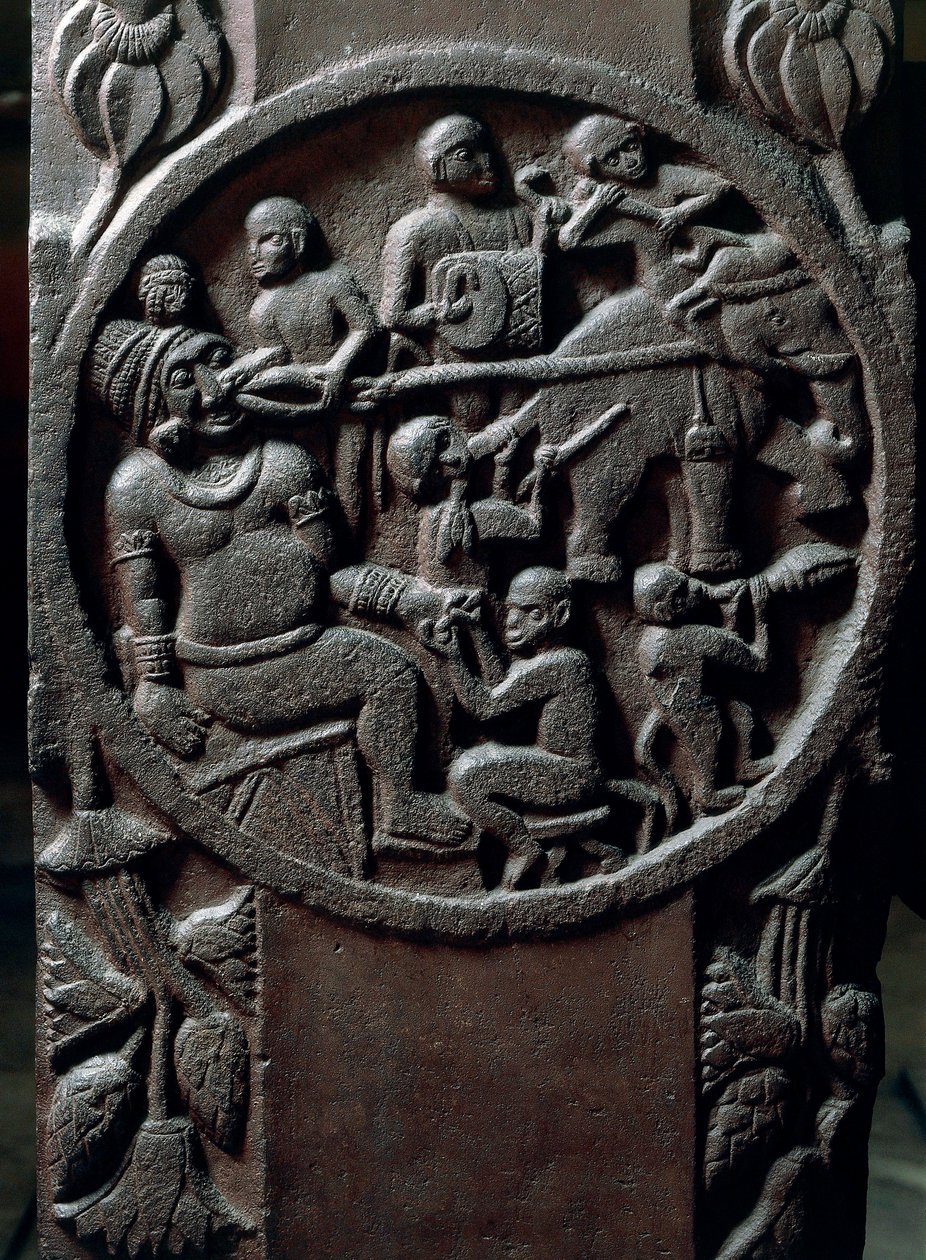Indisk kunst, hinduisme: lavt relieff som representerer aper som river en tann fra en gigant ved bruk av elefanter. 2. århundre f.Kr. Kolkata, indisk museum av Indian School