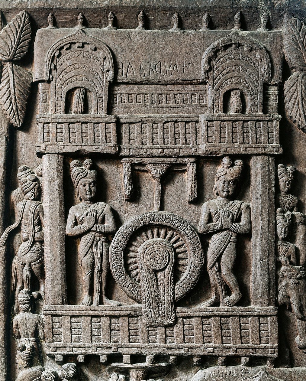 Indisk kunst, hinduisme: lavt relieff som representerer det siste besøket til kong Prasenjit II til Gautama Buddha (Buddha). 2. århundre f.Kr. Kolkata, indisk museum av Indian School