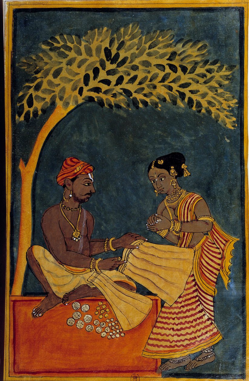 Indisk kunst: en stoffhandler. Akvarell rundt 1760. Paris, B.N. av Indian School