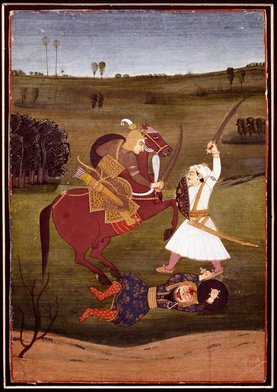Indisk kunst: "" kamp mellom en prins på hesteryggen og en kriger""" En demon som ligger på bakken. Miniatyr av skolen til Bikaner. 1765 Privat samling av Indian School