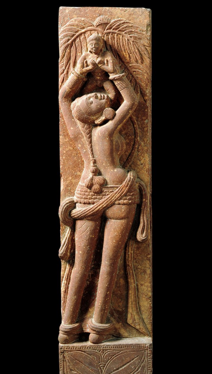 Indisk kunst: relieffstrømper som representerer en mor og hennes barn. Periode Kouchane (Kouchan eller Kushan) 1. århundre - New Delhi, nasjonalmuseum av Indian School