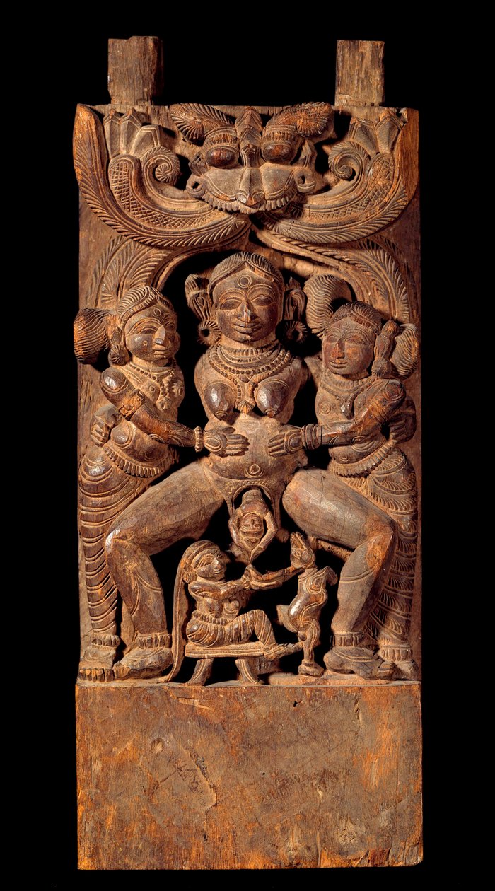 Indisk kunst: representasjon av Mahamai, morgudinne, fødende. Trerelieff fra 1700-tallets privatsamling av Indian School