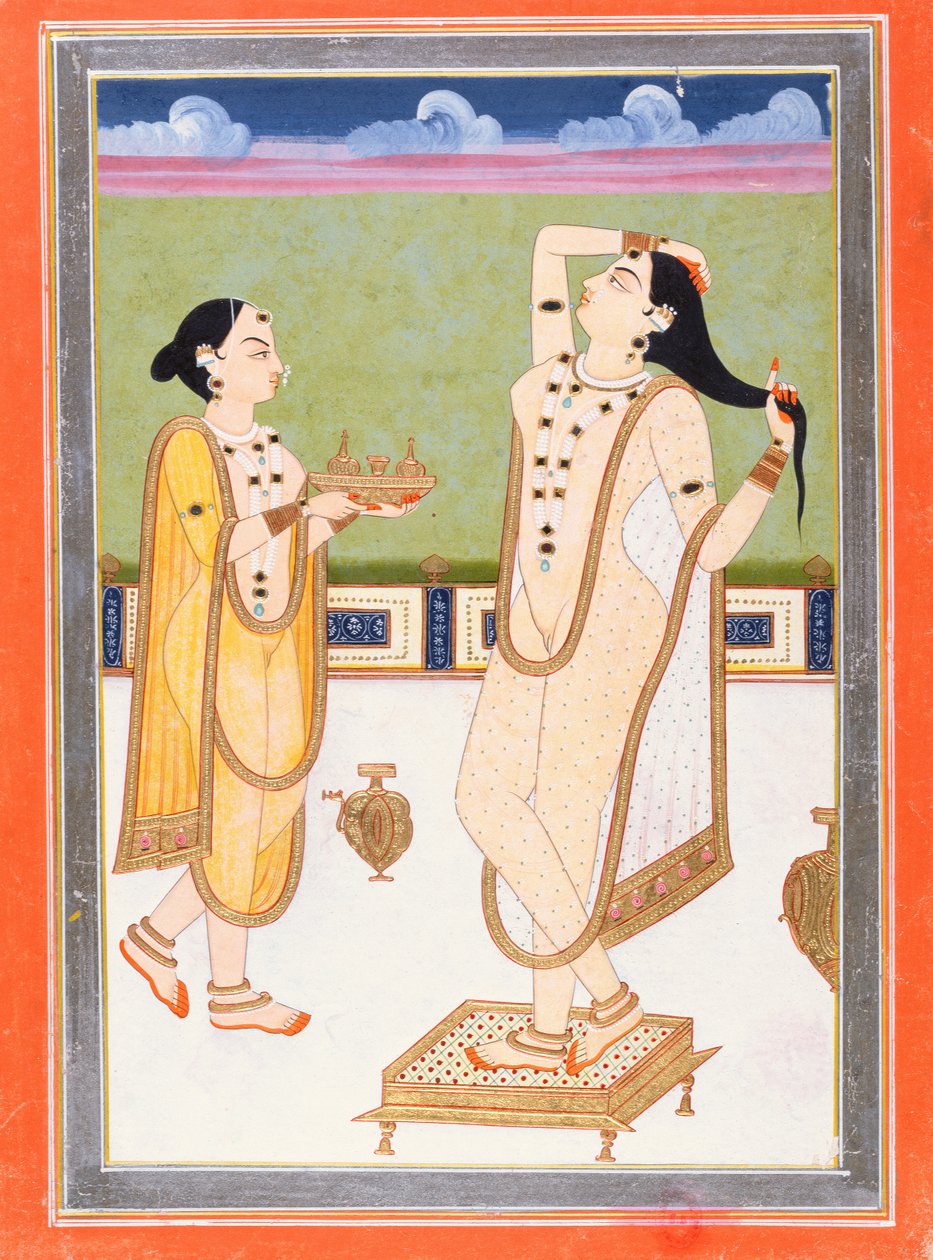 Indisk dame på toalettet hennes (gouache og bladgull på papir) av Indian School