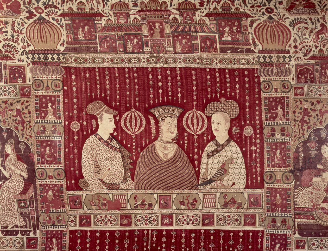 Indisk kvinne med europeiske handelsmenn, Madras-regionen, Ahmedabad (malt bomull) av Indian School