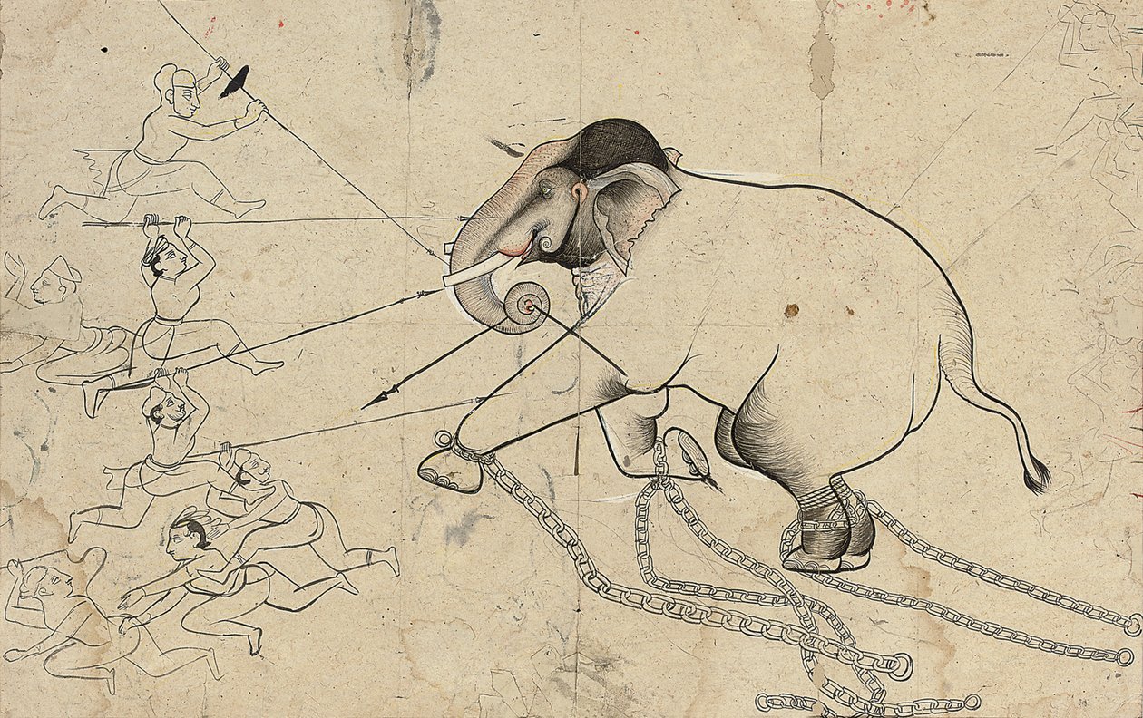 Isarda eller kotah forberedende tegning av temming av en elefant, ca. 1720 av Indian School