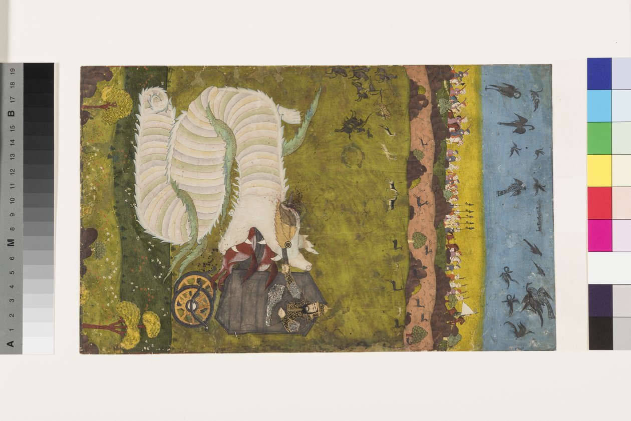 Isfandiyar angriper dragen, ca. 1760 (ugjennomsiktig wc og gull på papir) av Indian School