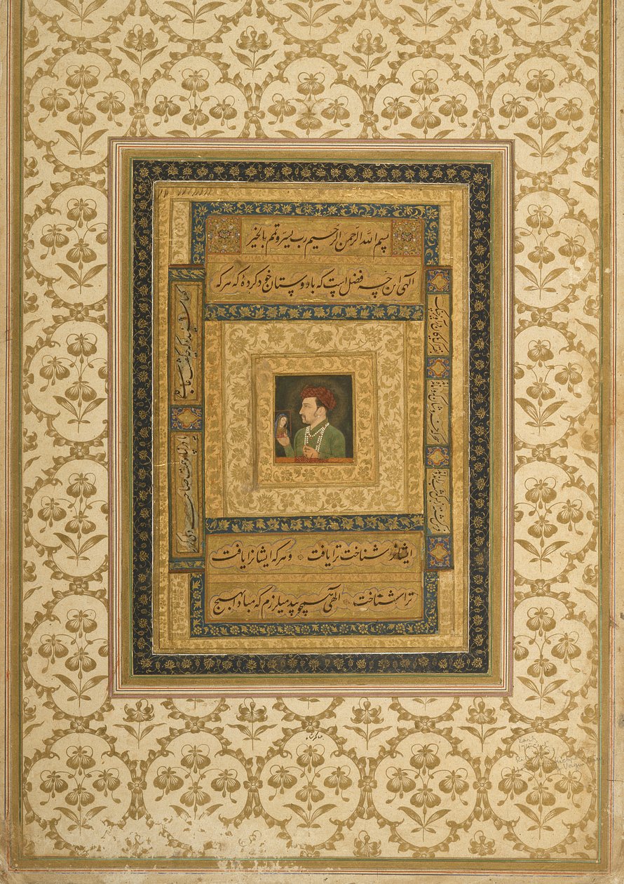 Jahangir holder et bilde av Madonnaen, innskrevet på persisk: Jahangir Shah, Moghul, 1620 av Indian School