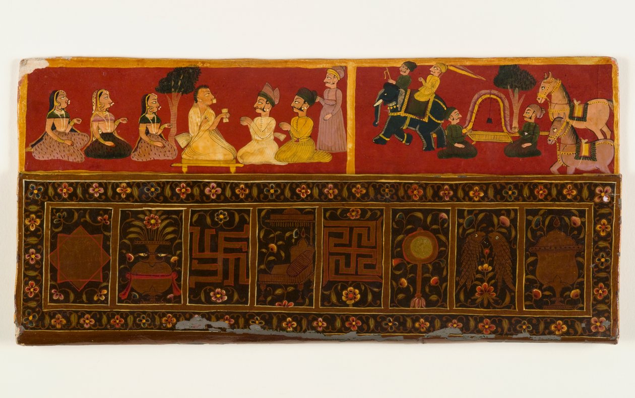 Jain bokomslag (ugjennomsiktig wc og metallisk pigment på papir med lakkoverlegg) (se 423290 for recto) av Indian School