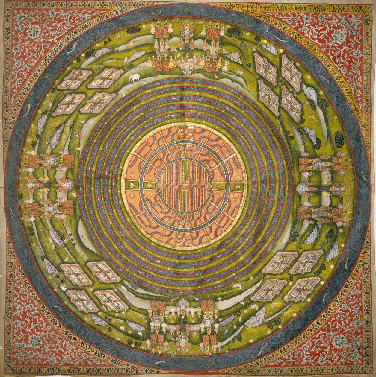 Jain-diagram av universet (Jambudvipa) (gouache på bomullsklut) av Indian School