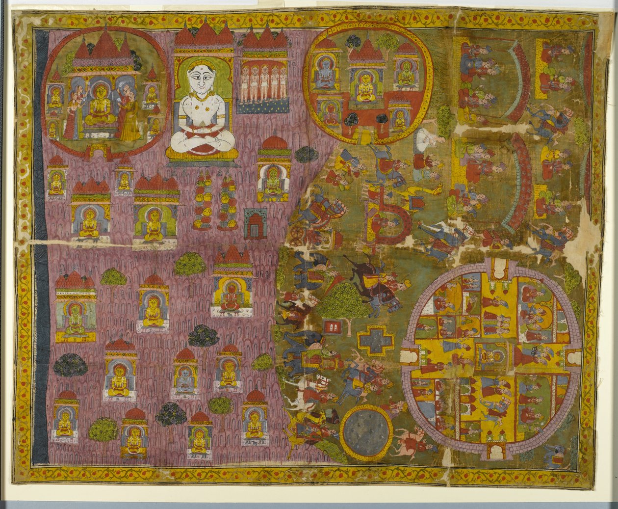 Jain pilegrimsreise, laget i Rajasthan, ca. 1750 (ugjennomsiktig wc og gull på tøy) av Indian School