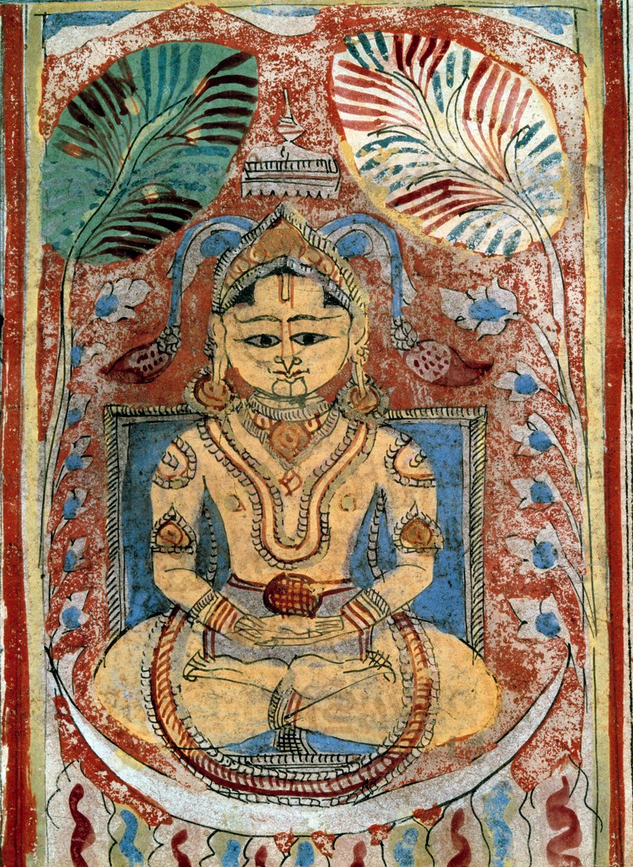 Jainisme (jinisme): representasjon av en Jain-profet (åndelig leder). Manuskriptside fra "" Kalpasutra"" av Bhadrabahu (433-357 f.Kr.) 1453 Paris, B.N. av Indian School
