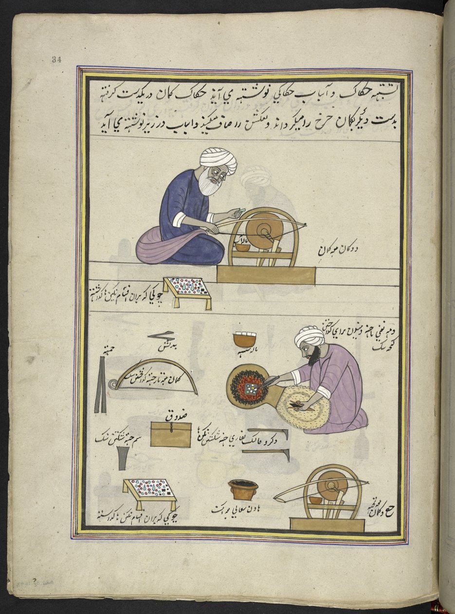 Juvelerer som polerer edelstener,  86 tegninger bundet inn i et bind som viser handel og yrker i Kashmir, håndverkere vises i arbeid med redskaper og utstyr,  Av en Kashmir-kunstner, sannsynligvis i Srinagar, ca. 1850-60 (gouache på papir) av Indian School