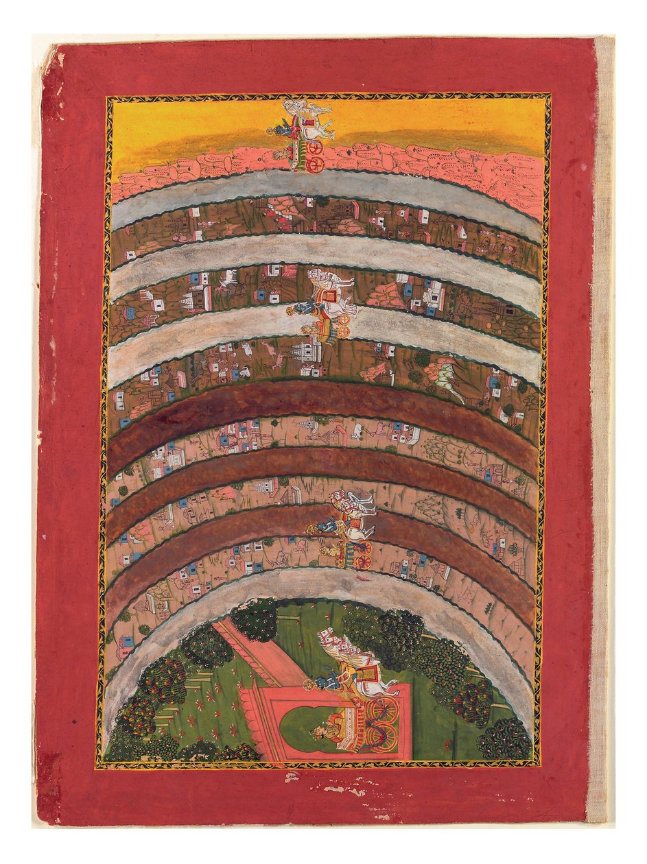 Reiser gjennom ukjente land, fra Krishnas reiser i sin vogn, ca. 1750 (ugjennomsiktig wc, gull og sølv på papir) av Indian School