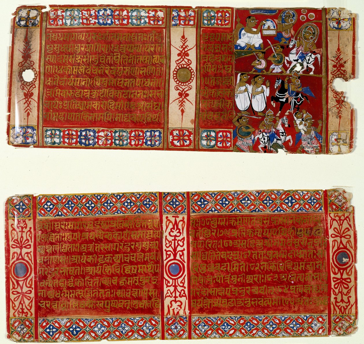 Kalaka blir en Jain-munk; Kalaka bortfører nonnen, to blader fra et spredt Jain-manuskript av Kalakacharya-katha, Uttar Pradesh, ca. 1465 (wc og gull på papir) av Indian School