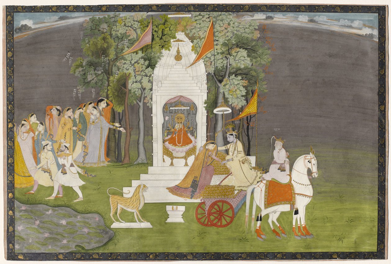 Krishna bortfører Rukmani fra tempelet, ca. 1810 (gouache med gull på papir) av Indian School