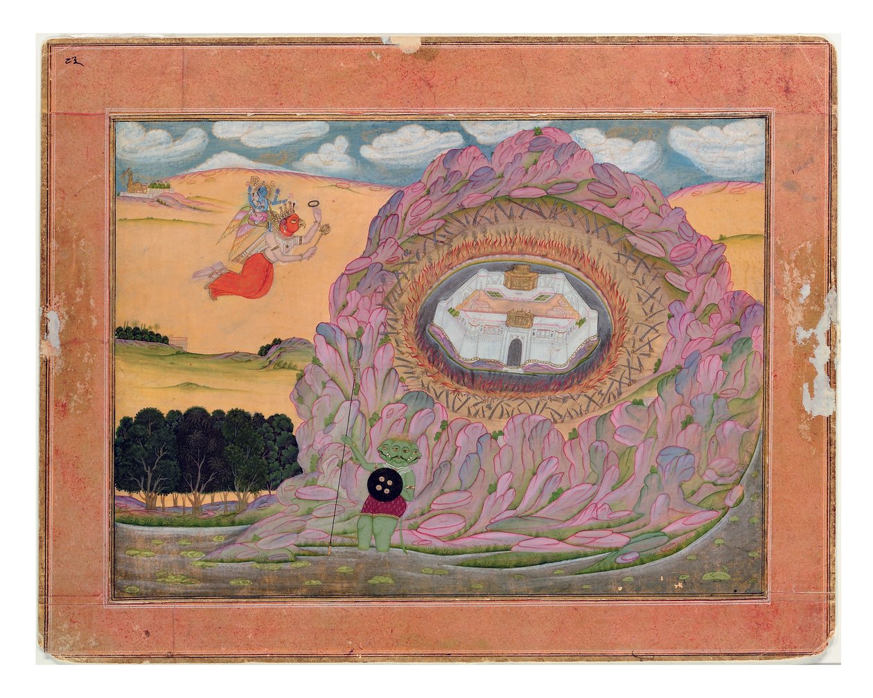 Krishna nærmer seg citadellet i Naraka, ca. 1710 (ugjennomsiktig wc og gull på papir) av Indian School
