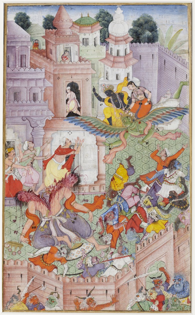 Krishna kløyver demonen Narakasura med diskene sine, ca. 1585-90 (ugjennomsiktig wc og gull på papir) av Indian School