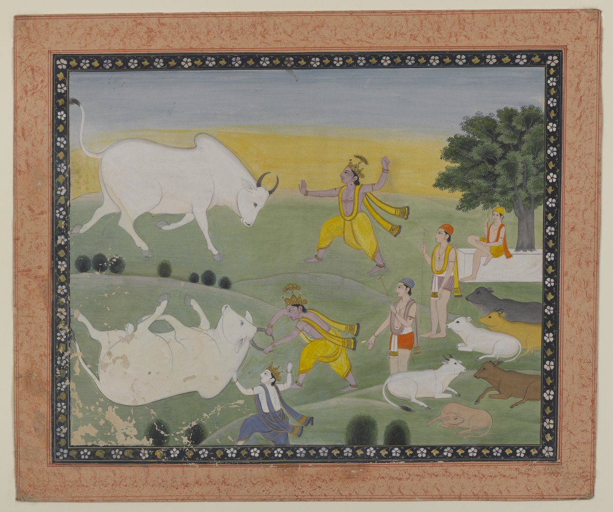 Krishna Defeating the Bull Demon (akvarell på papir) av Indian School