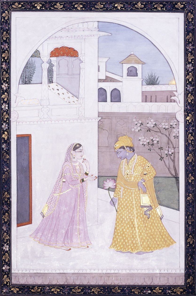 Krishna står og holder en lotusblomst, hans elsker i en rosa sari, ca. 1800 av Indian School