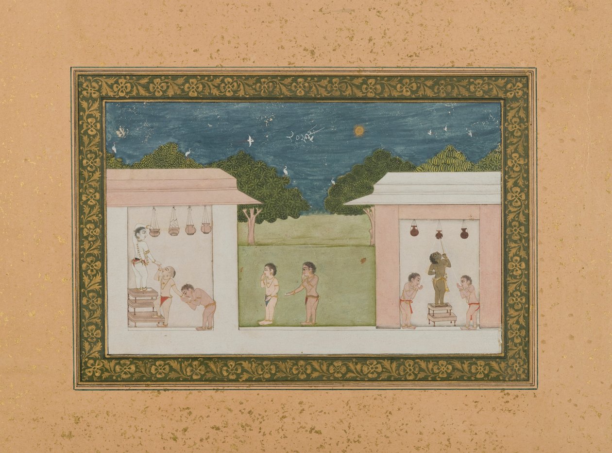 Krishna Stealing Curds, ca. 1775 (ugjennomsiktig wc og gull på papir) av Indian School