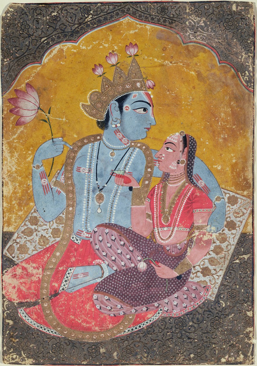 Krishna og Radha, ca. 1690-1700 (ugjennomsiktig wc med preget gull på papir) av Indian School