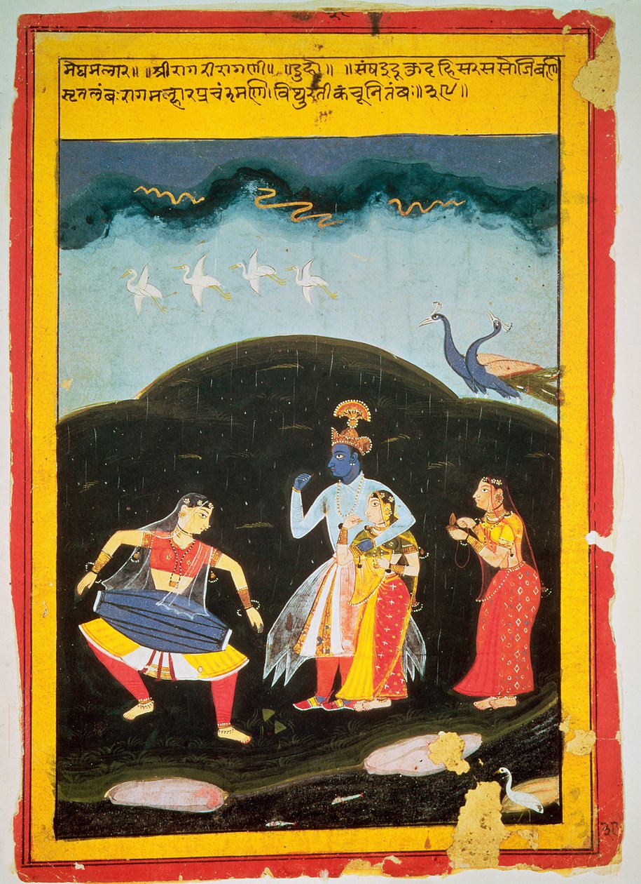 Krishna og Radha i regnet med to musikere, Rajasthan av Indian School