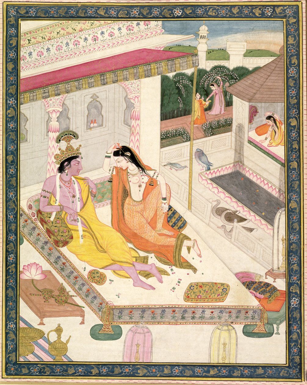 Krishna og Radha på en seng i et mogul-palass, Punjab, ca. 1860 av Indian School