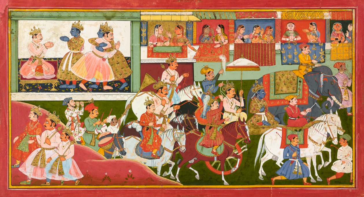 Krishna tar farvel, folio fra en Bhagavata Purana, ca.1680-1690 av Indian School