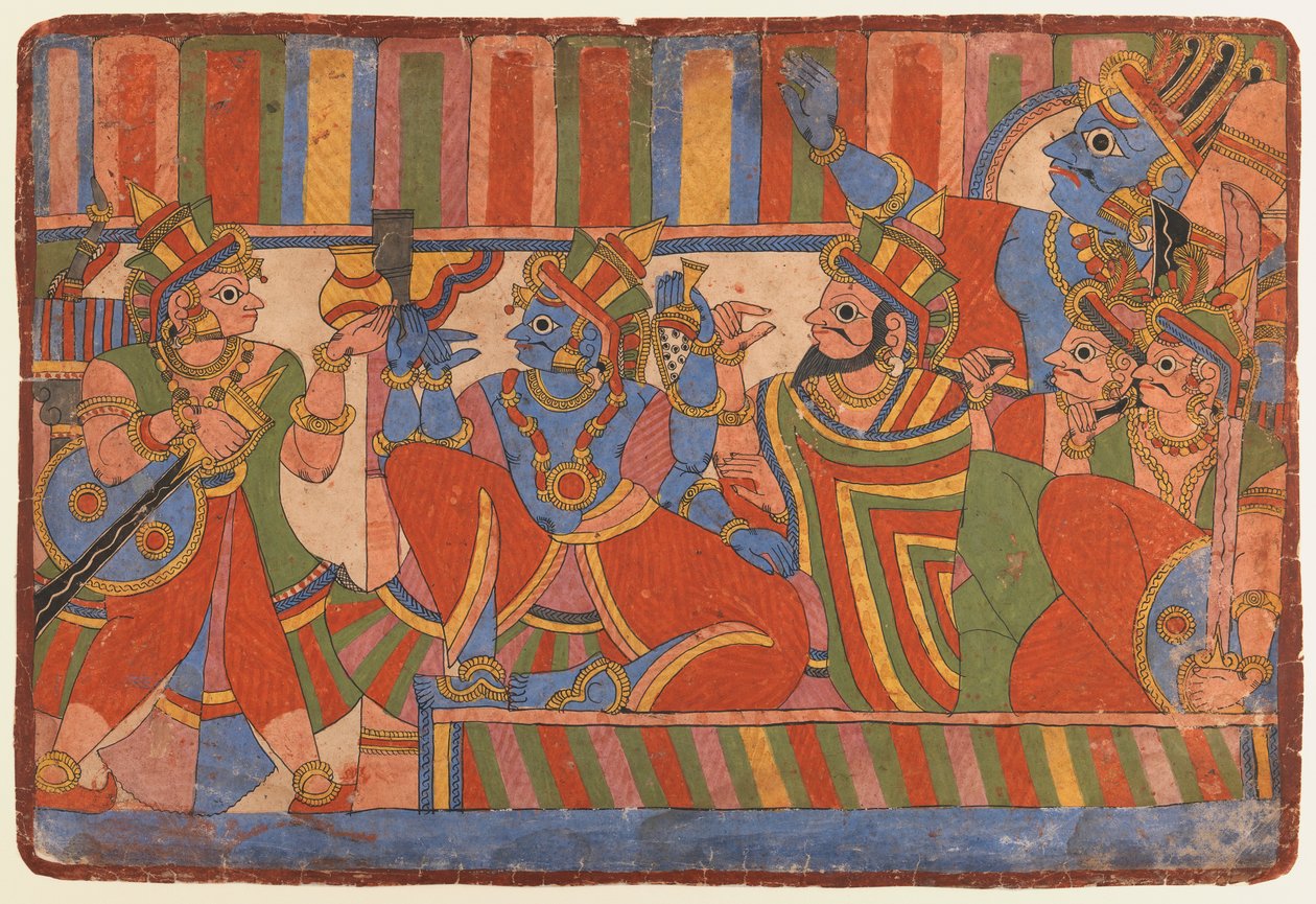 Krishna gir råd til Pandava-lederne, ca. 1830-50 (ugjennomsiktig wc på papir) av Indian School