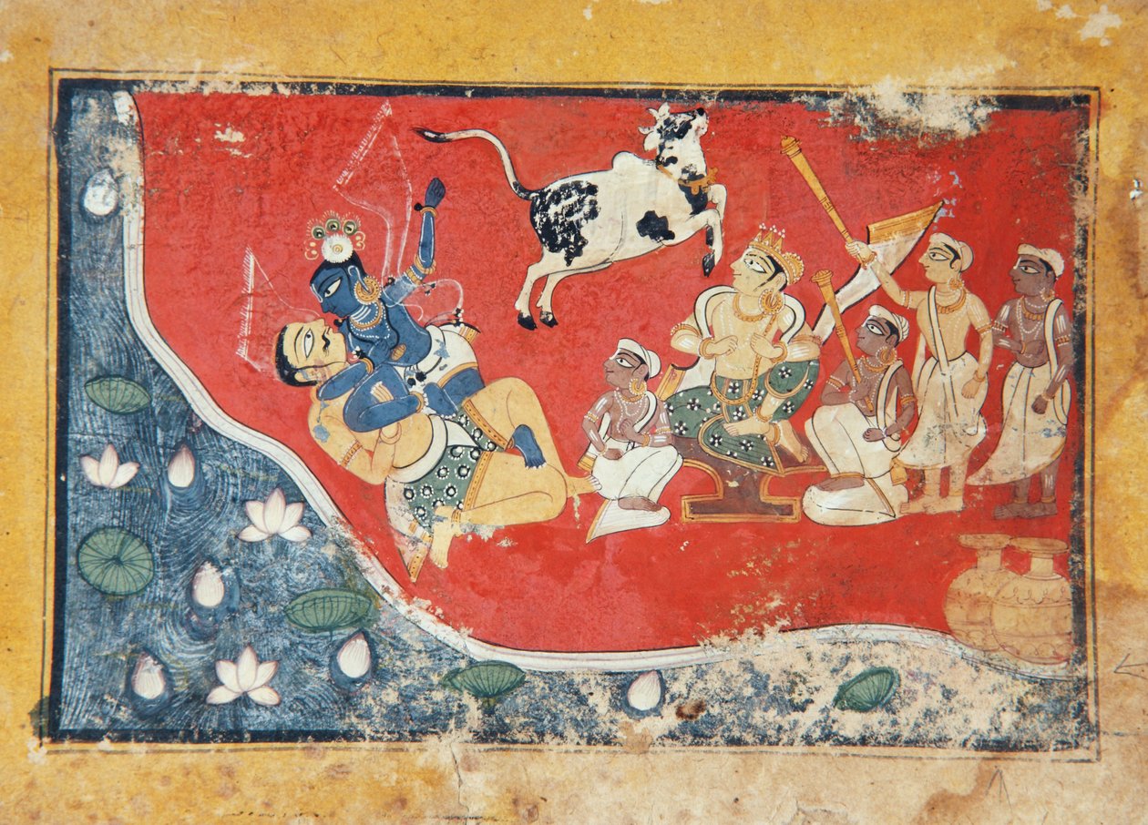 Krishna beseirer en demon ved en elv, ca. 1560 (ugjennomsiktig wc på papir) av Indian School