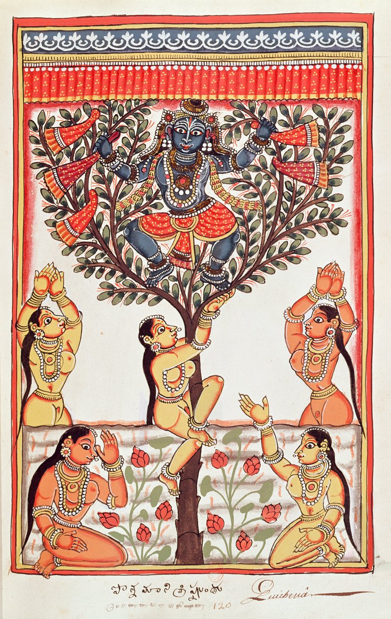 Krishna stjeler klærne til Gopi som svømmer i elven Yamuna (wc på papir) av Indian School