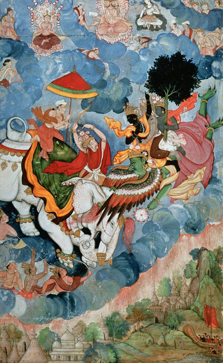 Krishnas kamp med Indra, ca. 1590 av Indian School