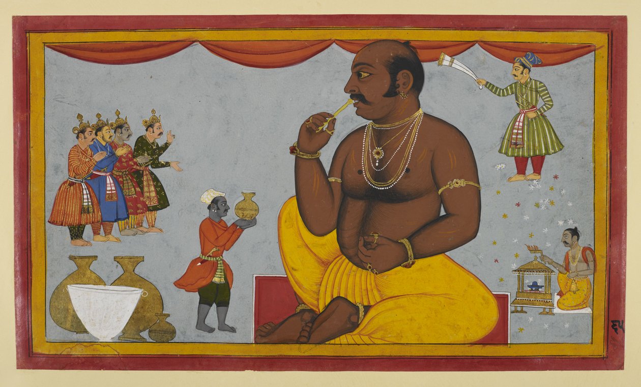 Kumbhakarṇa vekkes for å kjempe mot Rāma; prester deltar i ritualer for ham. av Indian School