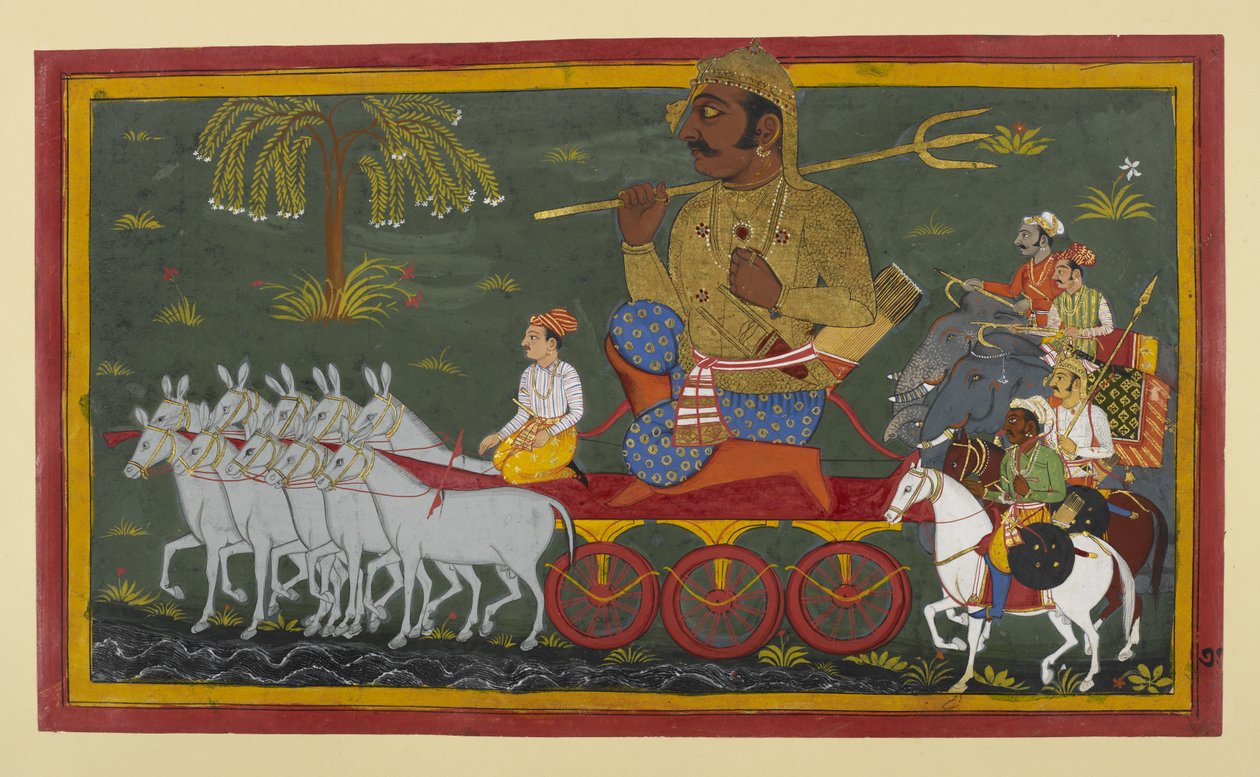 Kumbhakarṇa rir inn i kampen kledd i gyllen rustning av Indian School
