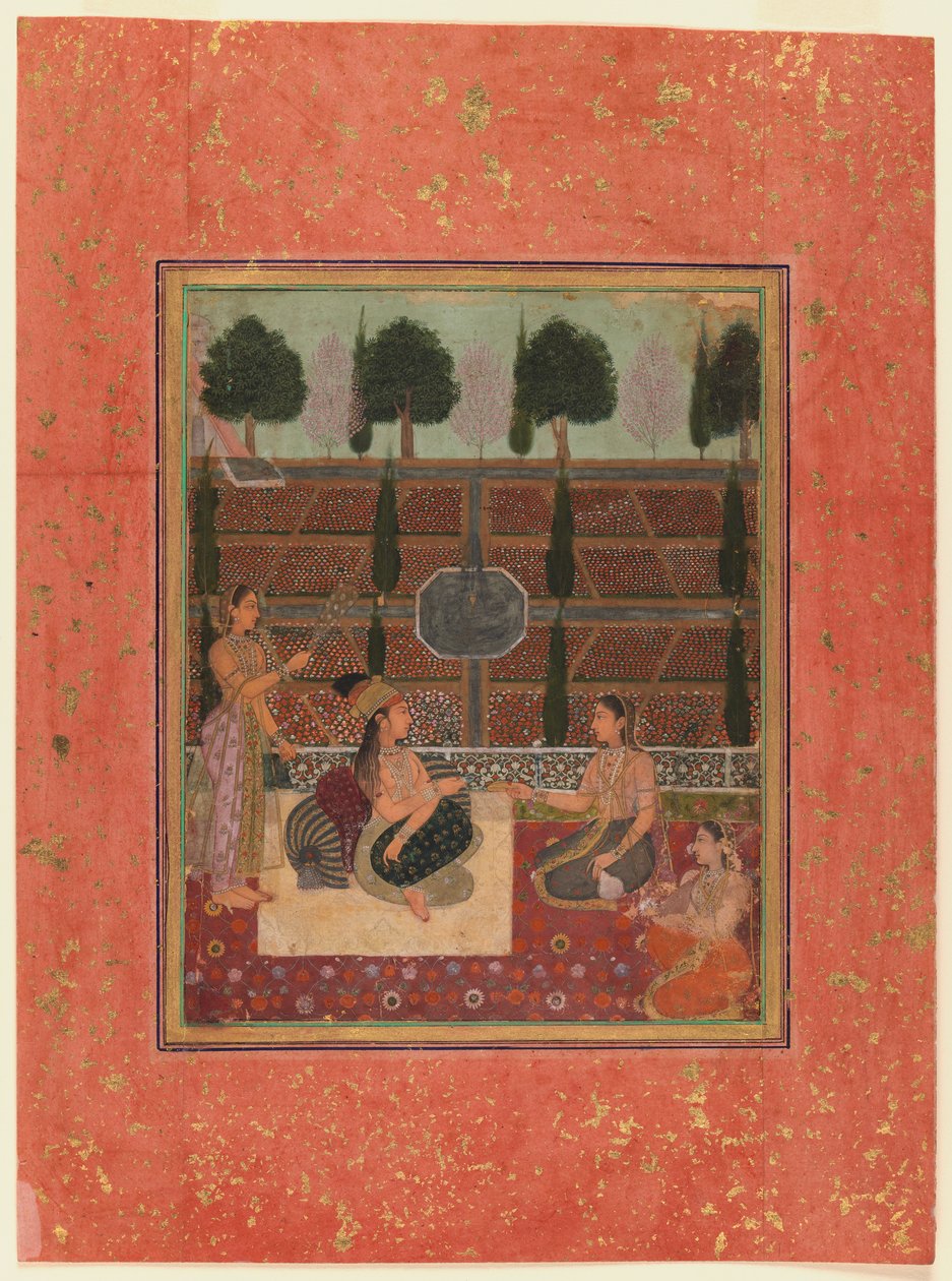 Damer på en terrasse, Mughal Style, ca. 1700-10 (wc på gullflekket papir) av Indian School