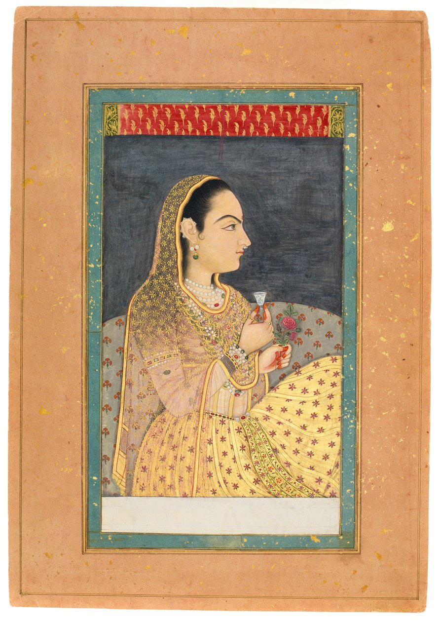 Lady Holding a Cup and a Flower, tidlig på 1700-tallet (wc med gull og sølv på papir) av Indian School