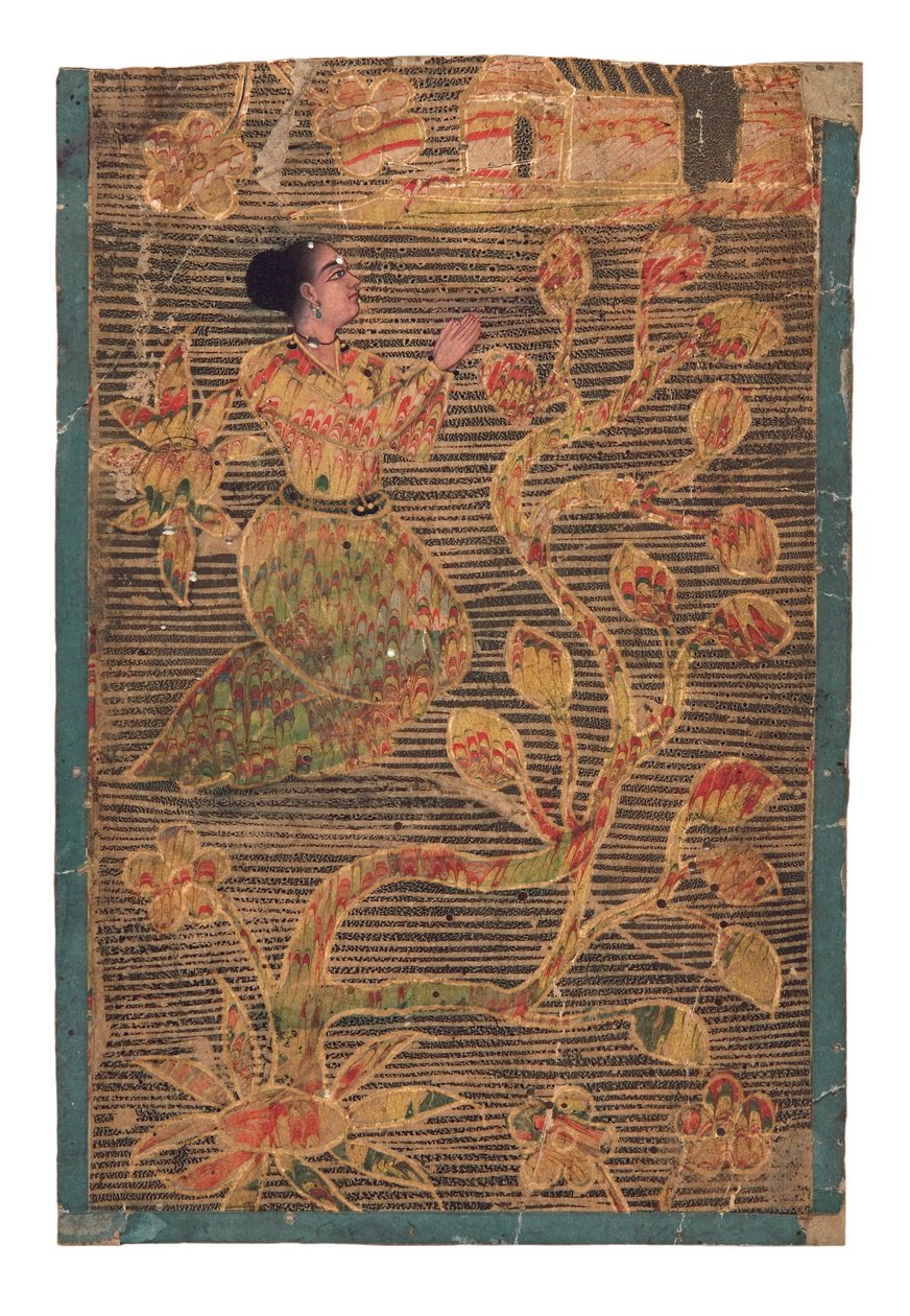 Lady Praying at a Shrine, (ugjennomsiktig wc og gull på papir) av Indian School