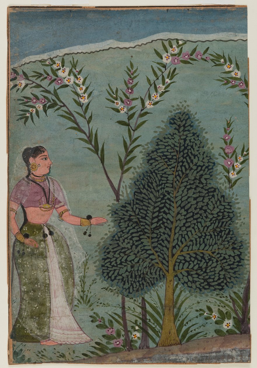 Lady in the villmark, fragment av en side fra en Bhagavata Purana-serie, ca. 1590-1600 (wc og gull på papir) av Indian School